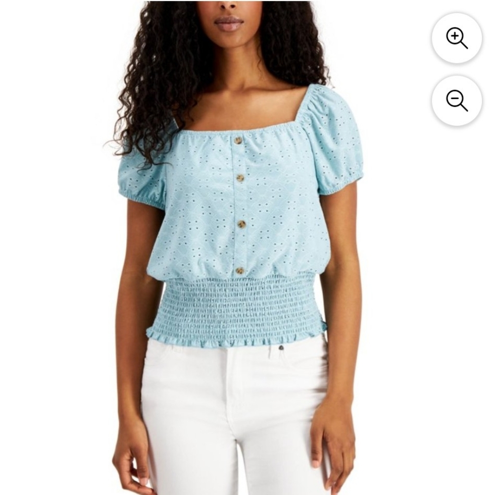 5/$30 NWT Crave Fame Aqua Blue Nomadic Getaway Wide Neck Eyelet Bubble Crop Top